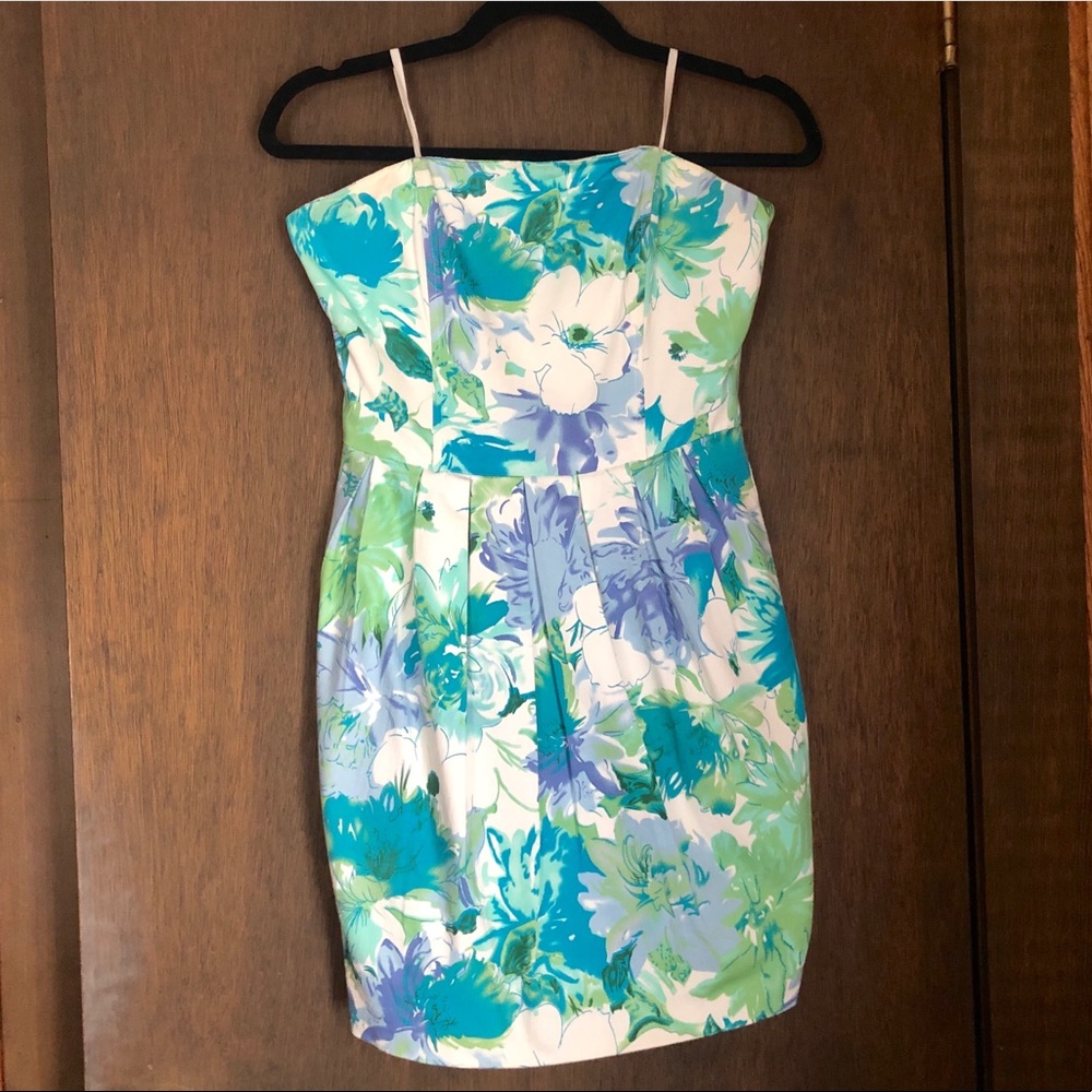 Blue Floral Strapless Summer Dress